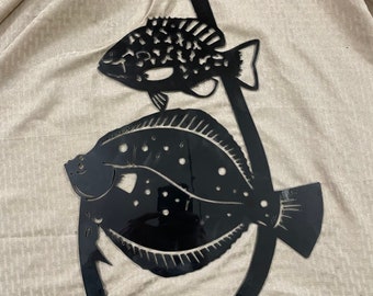 Rustic Metal Fishing Hook Sign: Flounder & Warmouth Decor