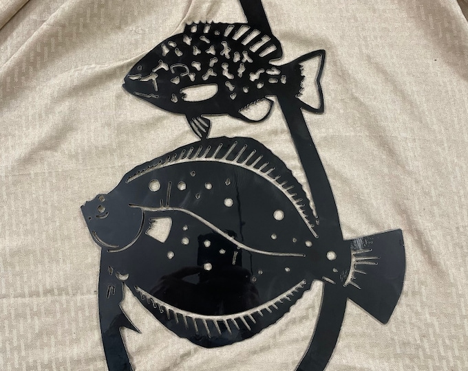 Industrial Rustic Fishing hook metal sign with flounder, warmouth, metal sign