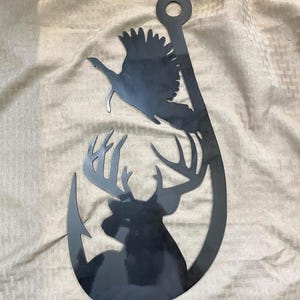 Industrial Rustic Fishing hook metal sign with deer, turkey metal sign