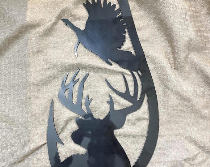 Industrial Rustic Fishing hook metal sign with deer, turkey metal sign