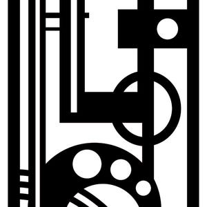 Puede incluir: Diseño de enrejado geométrico en blanco y negro con el texto "Trellis 1.13" en la parte superior. El diseño presenta rectángulos, círculos y líneas curvas, creando un patrón abstracto adecuado para la decoración exterior.