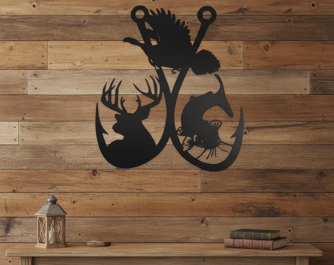 Rustic Steel Double Fishing Hook Wall Decor | Turkey, Catfish, Duck | 14ga