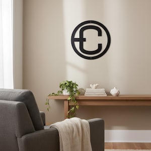 Metal letter C with circle, cattle brand font, satin black steel