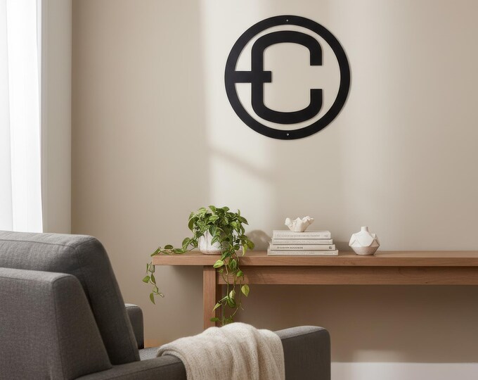 Metal letter C with circle, cattle brand font, satin black steel