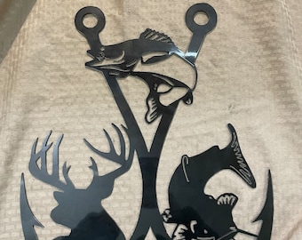 Industrial Rustic Metal sign, Double fishing hook deer catfish walleye cut form 14 gauge steel and clear coated.