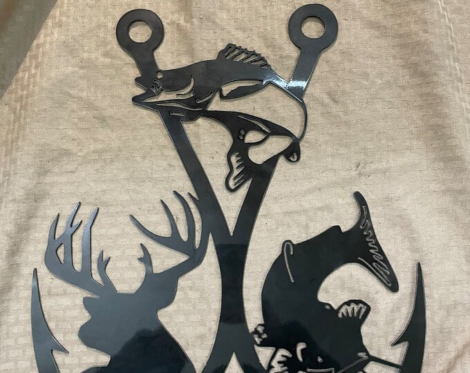 Industrial Rustic Metal sign, Double fishing hook deer catfish walleye cut form 14 gauge steel and clear coated.