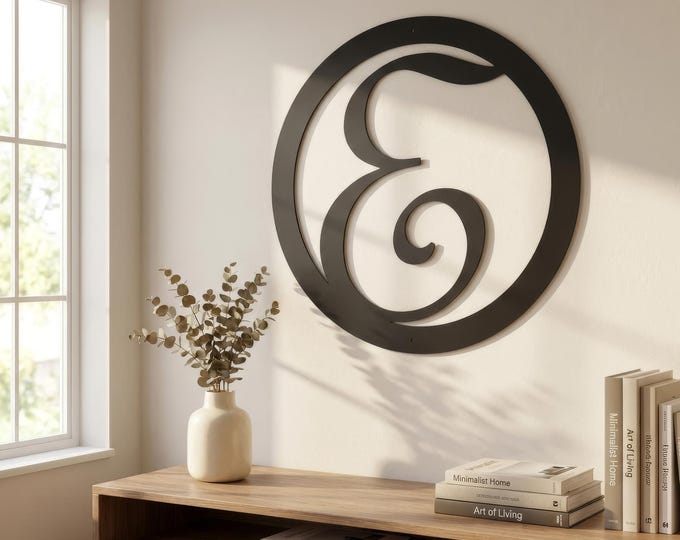 Circle letter E metal wall art, satin black steel monogram