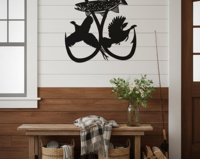 Double Fishing Hook Wall Art | Industrial Rustic Metal Decor with Trout, Turkey & Pheasant Silhouettes