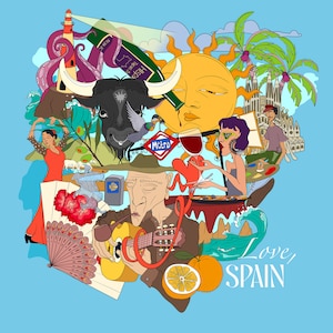 May include: A colorful illustration of various Spanish cultural icons, including a bull, a flamenco dancer, a guitar player, a lighthouse, a sun, a bottle of wine, a glass of wine, a metro sign, a fan, oranges, and the text "Love Spain".