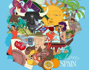Spain Art Print- Mediterranean Sun- Tapas- Flamenco- Camino de Santiago- Sagrada Familia- Spanish Souvenir