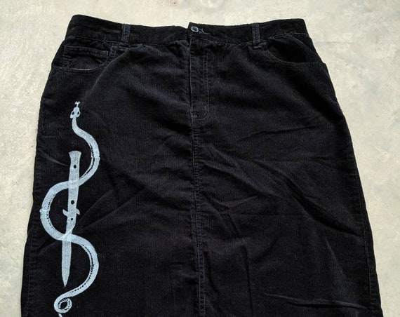 Upcycled Corduroy Skirt with Snake and Knife Print