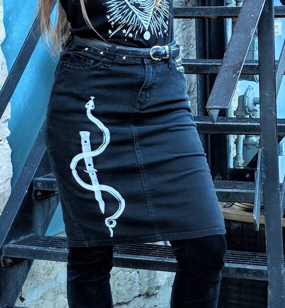Upcycled Studded Denim Skirt with Snake and Switchblade Print