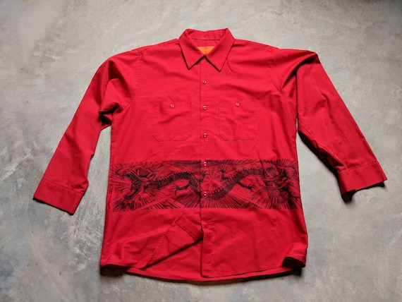 Upcycled Vintage Red Kap Workshirt with Dragon Print