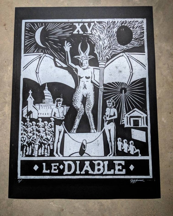 The Devil Card linoleum block print