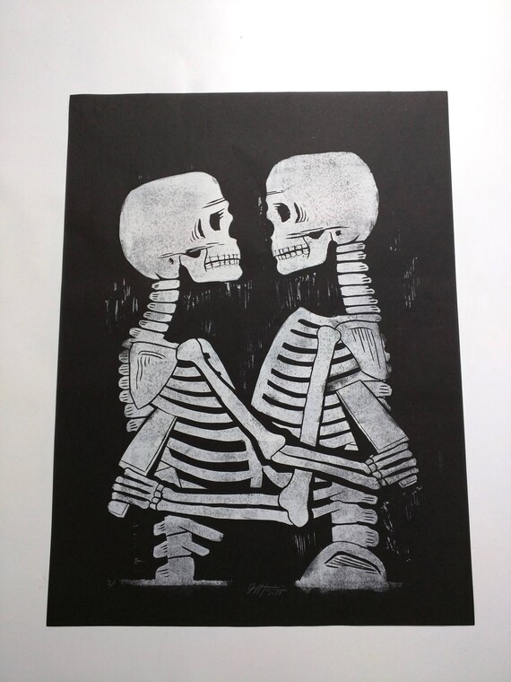 Love and Hate Skeletons Linocut