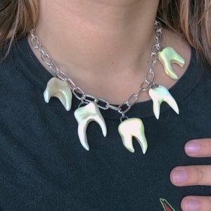 Ceramic Teeth Charm Necklace / Made to Order / Handmade Ceramic Clay Oversized Tooth Charms / Silver Chunky Chain / Kiln Fired Ceramics