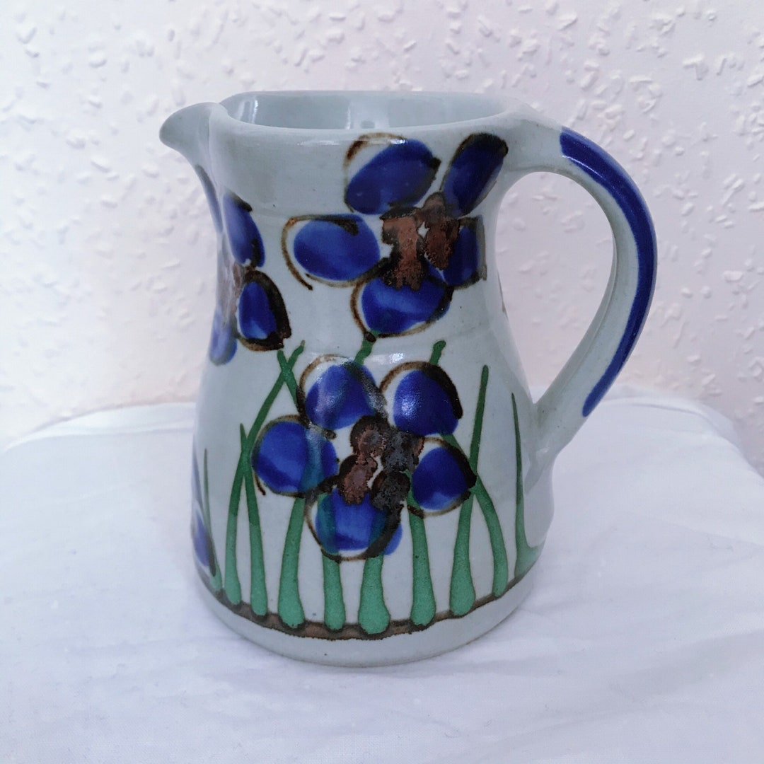 Vintage Stoneware Hand Painted Blue Flower Jug , Pitcher, Ceramic Vase ...