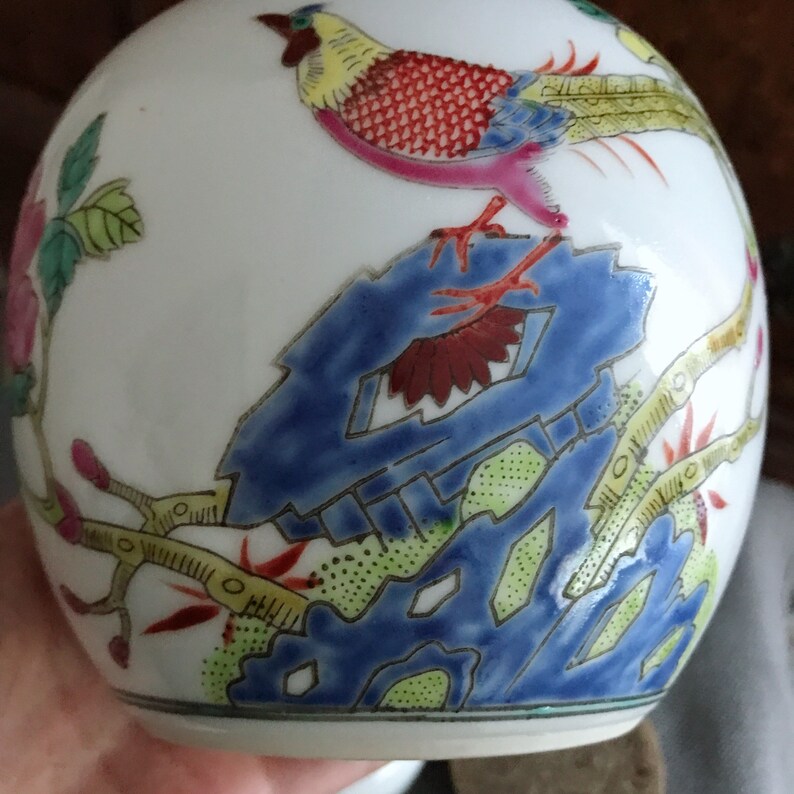 Vintage 1970s oriental handmade Chinese famille rose ceramic flower bird jinger jar with lid table kitchen decor collectible VP42