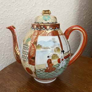 Vintage Japanese teapot Kutani eggshell gold gilded hand painted porcelain oriental home design chinoiserie ceramic  interior decor VT220TP