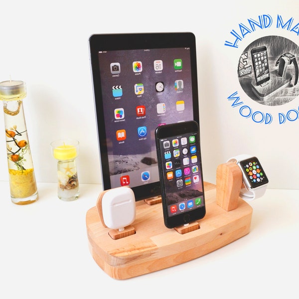 apple watch airpods stand iphone charging station gift apple ipad charging station docking station iDOQQ QUATRO beech wood station iphone X ipad