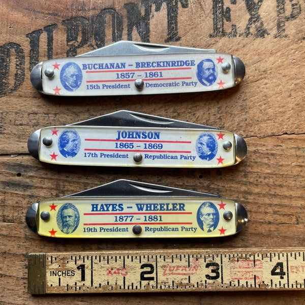 Vintage 3 knife lot Pocket knives Novelty Cutlery USA Ireland Jack knives, 15th, 17th & 19th US presidents 1 blade pocket knives