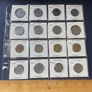 Vintage 16 coin lot Turkey 40's thru 70's in protective sleeves.
