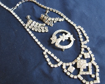 3 piece of vintage rhinestone jewelry, CORO rhinestones, necklace earrings brooch ART DECO bridal