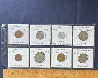 Vintage 8 coin lot Taiwan, China, Egypt, Nepal, Thailand, Greece, Australia in protective sleeves.