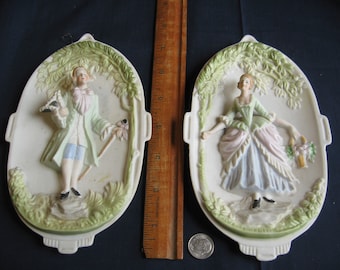 Vintage lot of 2 matching Occupied Japan Chase Colonial couple Plaques, ceramic plaques pictures, Asian decor