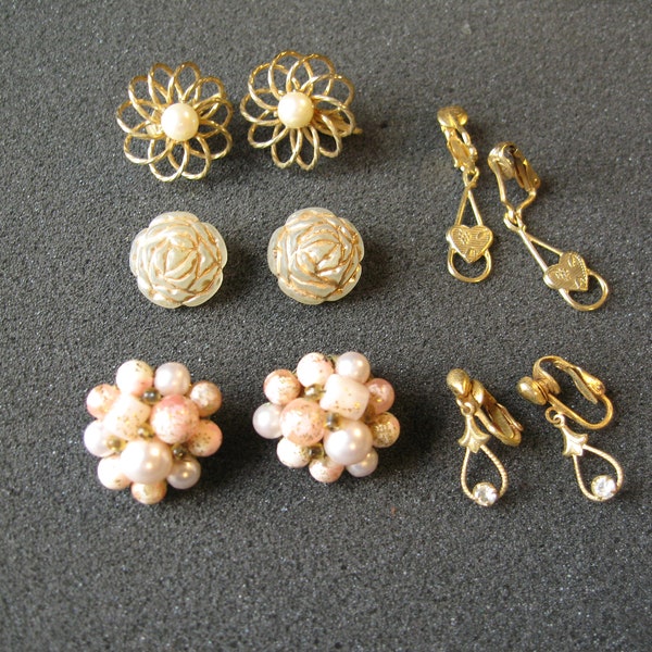 vintage clip on earring lot, 5 pairs of clip on earring, wearable lot