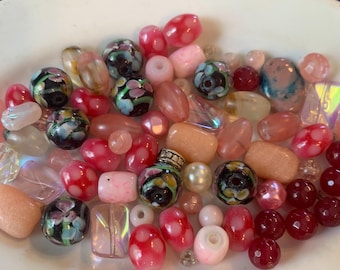 Vintage Loose Mixed bead soup Pink  Red tones beads