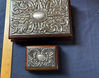 Vintage Matching set of Walnut and Silverplated jewelry boxes