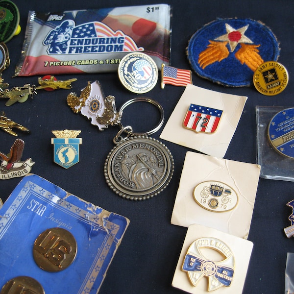military memorabilia lot, US buttons, tokens, American Legion, military watch