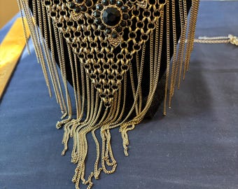 Vintage Black beaded choker bib style necklace