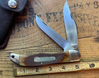 Schrade Old Timer NY USA model 25OT Large Folding Hunter 2 blade pocket knife w/ sheath