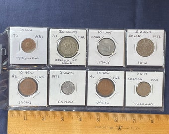 Vintage 8 coin lot 1942 Republic of China, others in protective sleeves.