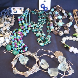 Vintage lot 10 plus bulk repurpose pieces huge Destash blue green jewelry OOAK lot