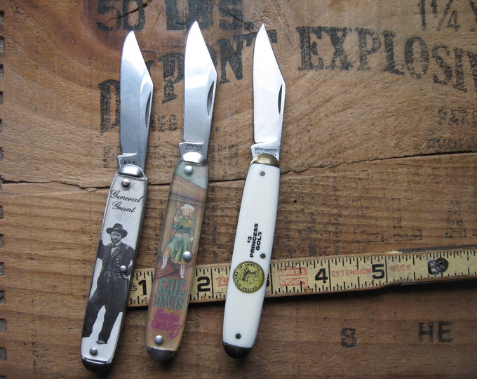 Vintage 3 Knife Lot Pocket Knives Novelty Knife Co USA, Jack Knives, Grant, Annie Oakley, Coin