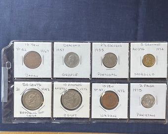 Vintage 8 coin lot 1942 Republic of China, Greece, Portugal,Morocco, Egypt in protective sleeves.