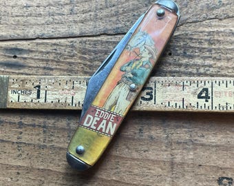 Vintage Novelty Knife Co USA, Eddie Dean Cowboy theme 1 blade pocket knife