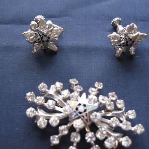Rhinestone Masonic Morning Star Brooch Earring set