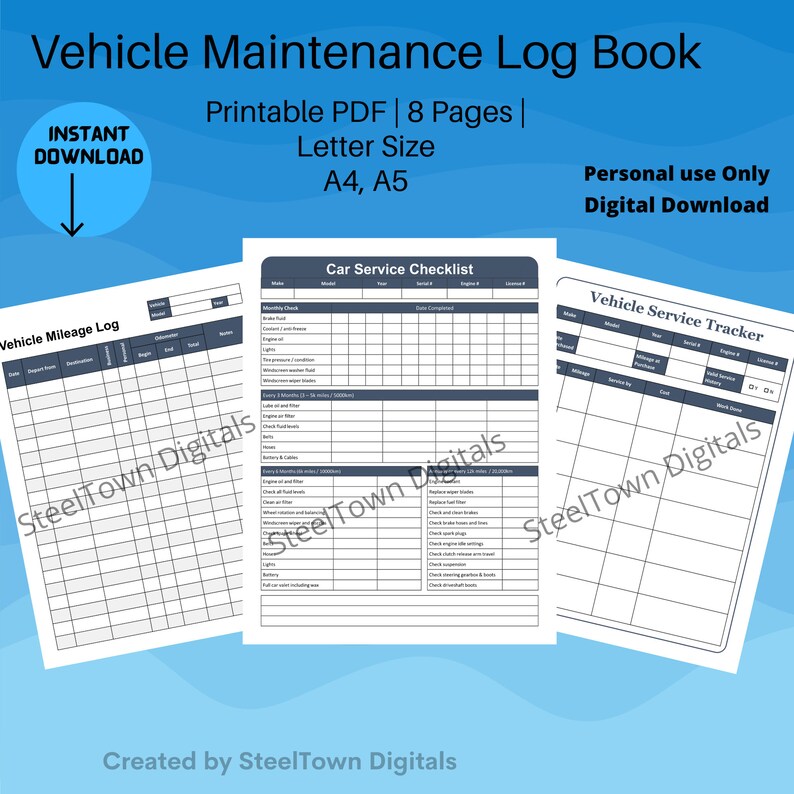 Vehicle Maintenance Log Printable | Vehicle Service Tracker | Vehicle ...