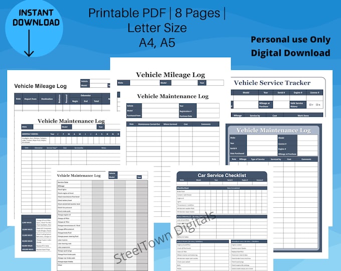 Vehicle Maintenance Log Printable PDF, Repair & Service Record for Cars ...