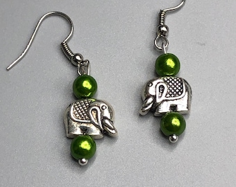 Tibetan Silver Elephant Earrings with Green Faux Pearl Beads