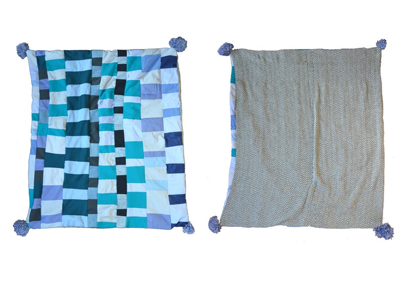 Checkered Blue Quilted Throw Blanket With Pom Poms Etsy