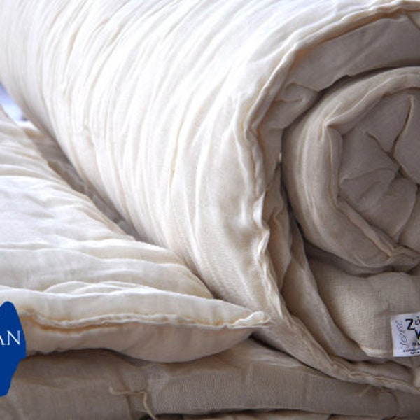 Organic Wool Comforter Duvet - King, Queen, Twin - Sustainable Natural Bedding - Hypoallergenic - Handmade Wool Quilt - All-Season Warmth