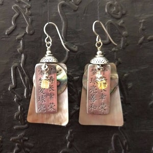 Citrine Sterling Silver Dangle Earrings, Mother of Pearl, Asian Hanzi