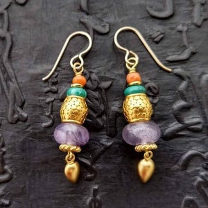 24k vermeil, amethyst turquoise and old coral earrings Etruscan Byzantine light weight