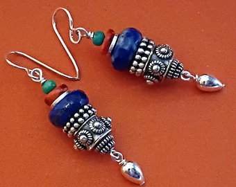 Lapis, sterling, spiny oyster, turquoise earrings