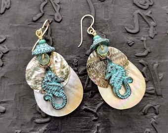 Seahorse with patina and abalone, mother of pearl, turquoise lightweight earrings seashore seashells ocean summer shell